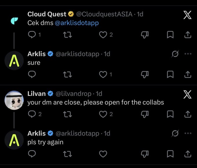 A screenshot of a Twitter/X thread where Cloud Quest asks to check DMs, Arklis replies 'sure', Lilvan asks for collabs, and Arklis responds 'pls try again'.