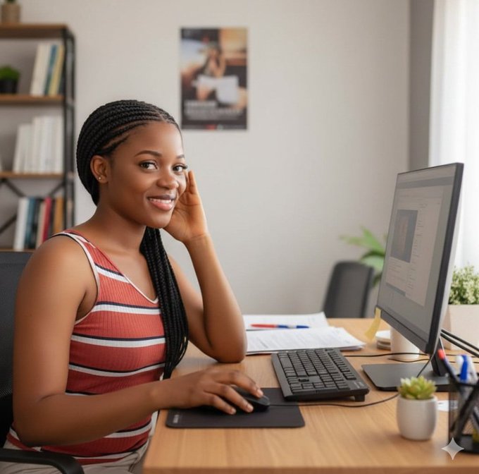 A young woman with long braided hair smiles warmly at her computer screen, resting her hand on her cheek in a relaxed pose, with a keyboard, mouse, and a small succulent plant on her desk. The image visually captures the "Relax" and grounding theme of the post, depicting someone starting their week in a calm, productive mindset.