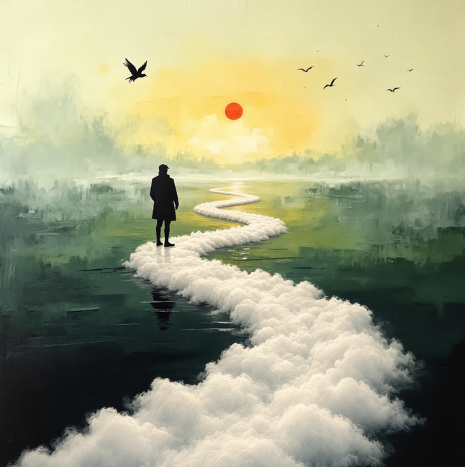A silhouette of a man in a coat stands on a path made of clouds stretching across water toward a sunset with a red sun and birds flying overhead.