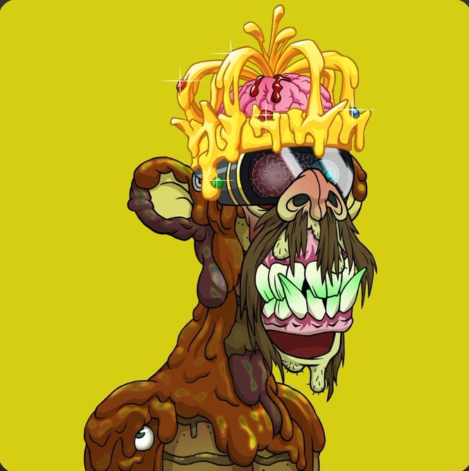 A cartoon illustration of a grotesque, melting figure with an exposed brain, VR headset, wide toothy grin, and drooping facial features against a bright yellow background.