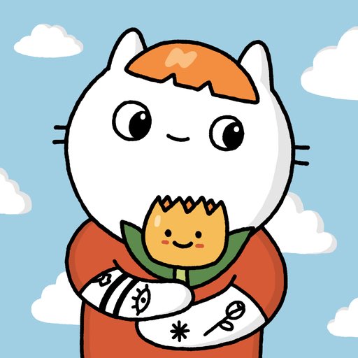 A cartoon illustration of a white cat character with an eggshell on its head, holding a smiling tulip flower in a red outfit against a cloudy sky.