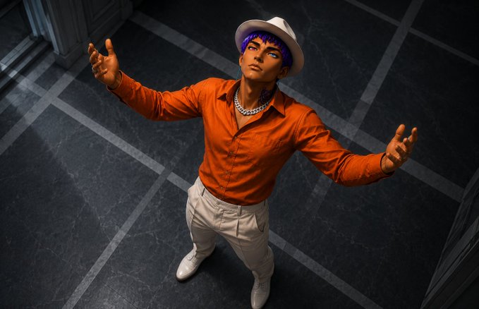 A stylishly dressed person with purple hair, a white fedora, an orange button-up shirt, and white pants poses with arms outstretched while looking upward. The image complements the post's uplifting Sunday message, with the figure's open-armed stance evoking a sense of faith and embracing divine blessings.