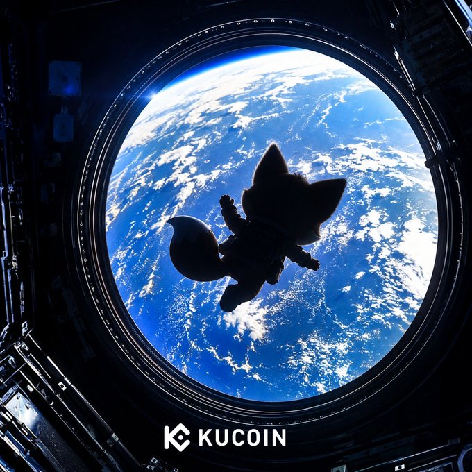 A fox-like plush character floats in zero gravity against the breathtaking backdrop of Earth viewed through a circular spacecraft window, perfectly capturing the "one last look at Earth" sentiment of KuCoin's post teasing the launch of its new #KuKuUniverse.