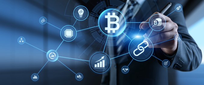 A person in a suit touches a glowing digital network featuring a Bitcoin (₿) symbol at its center, surrounded by connected icons representing chips, charts, links, and other financial technology elements. The image visually reinforces the post's message about a shift toward revenue-generating crypto projects like Aave and Hyperliquid, symbolizing the interconnected, evolving financial infrastructure driving capital toward fundamentally sound blockchain protocols.