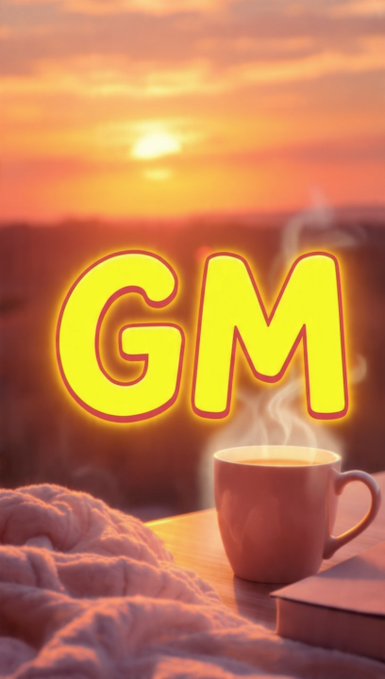 A sunset scene with a steaming mug of coffee, a blanket, and a book, overlaid with large yellow 'GM' text.