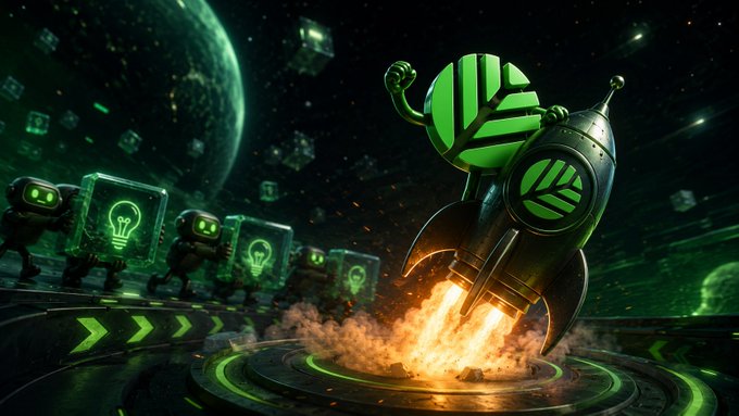 A whimsical 3D digital artwork featuring a green, spherical robot character riding a rocket ship blasting off through space, surrounded by cube-shaped robots. The image symbolizes rapid, high-speed deployment, visually representing the "vibe deploying" and high-speed infrastructure needed to launch AI-generated applications onto the blockchain.