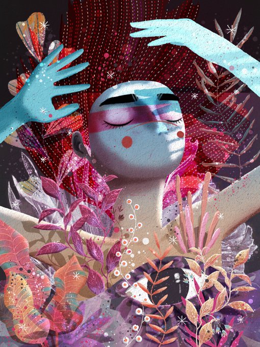 A dreamy illustration of a girl with a blindfold and closed eyes surrounded by purple and red foliage, with two blue hands reaching toward her head.