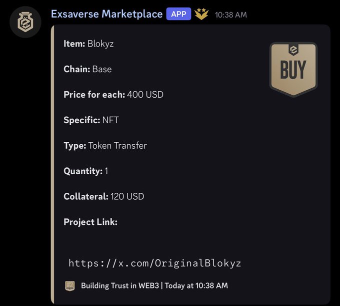 An Exsaverse Marketplace listing for an NFT item called 'Blokyz' on the Base chain, priced at 400 USD with 120 USD collateral, type Token Transfer, quantity 1, with a 'BUY' button.
