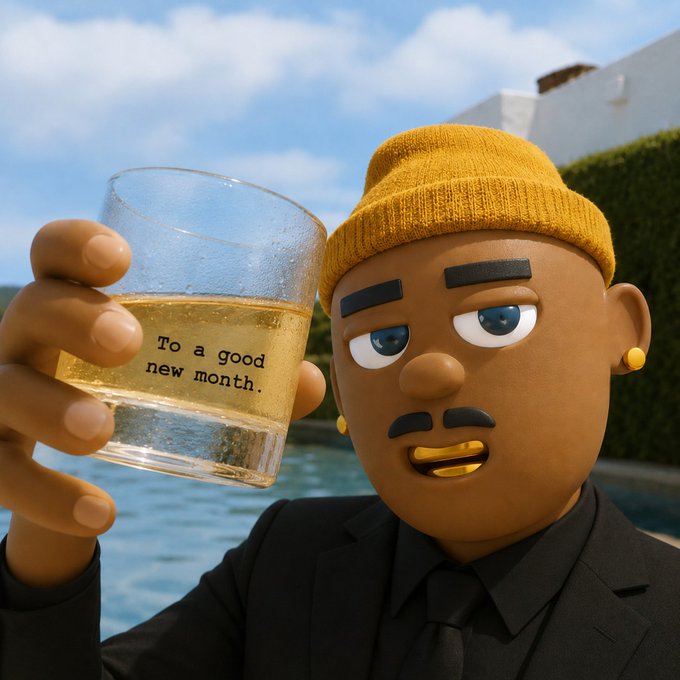 A 3D-rendered cartoon character wearing a yellow beanie and black shirt, holding up a glass with text reading 'To a good new month.' by a pool.