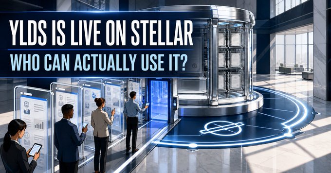 A graphic with the text 'YLDS IS LIVE ON STELLAR - WHO CAN ACTUALLY USE IT?' shows a futuristic digital illustration of businesspeople interacting with screens and servers in a high-tech environment.