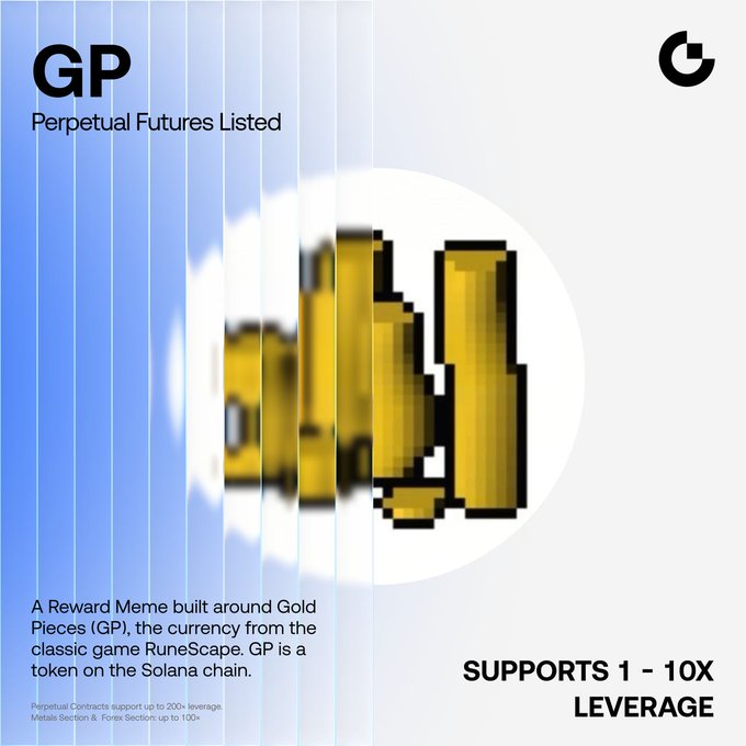 A promotional graphic for Gate.io's listing of $GP (Perpetual Futures Listed), a RuneScape-inspired meme token on Solana, features pixelated gold bars in the center and announces trading support for 1–10x leverage. The image visually ties into the post's announcement of the GP/USDT perpetual futures pair being open for trading with leverage, bots, and copy trading.