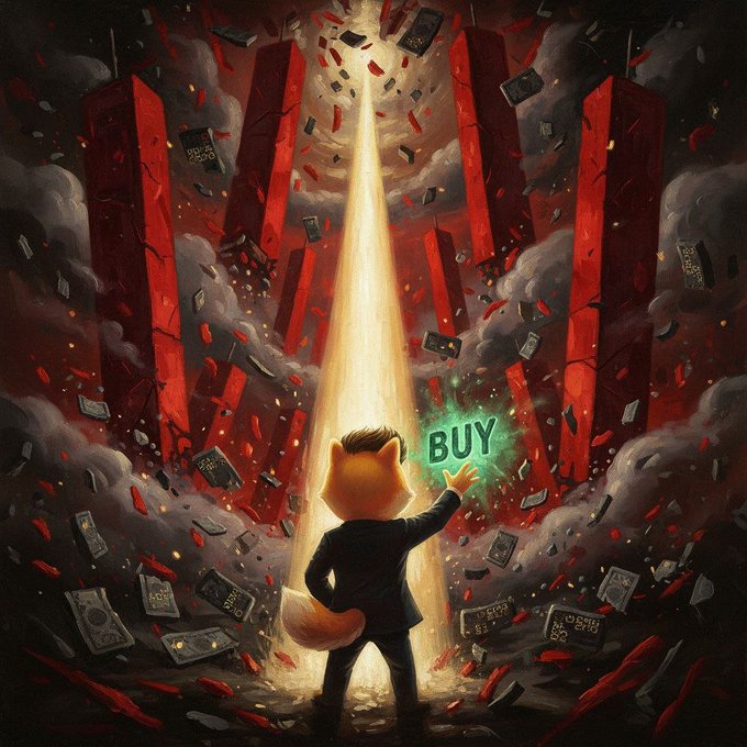 Digital artwork depicting an anthropomorphic fox in a suit casting a 'BUY' spell in a dramatic red candlestick-style financial chart landscape.