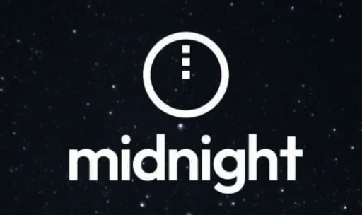 A logo featuring a white circle with three dots inside, above the word 'midnight' in white lowercase text, set against a starry black background.