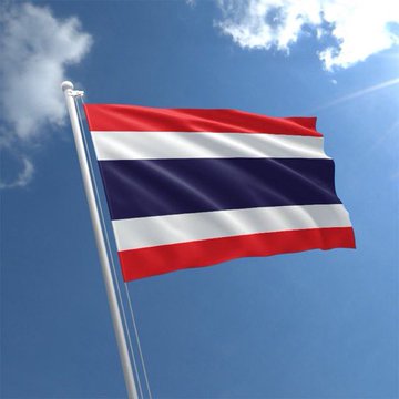 The national flag of Thailand, with its red, white, and blue horizontal stripes, waving against a blue sky with clouds.