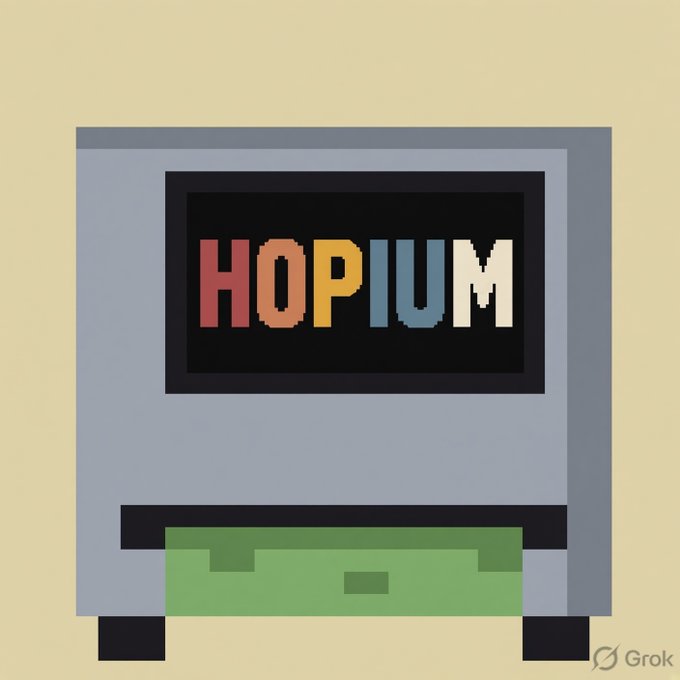A pixel-art style illustration of a gray floppy disk with a colorful 'HOPIUM' label on it, created by Grok.