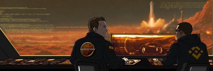 An illustrated banner for 'MARSCOIN' shows two figures in flight suits at a control panel, with one displaying the MARSCOIN logo on their jacket, watching a rocket launch against a reddish Martian landscape.