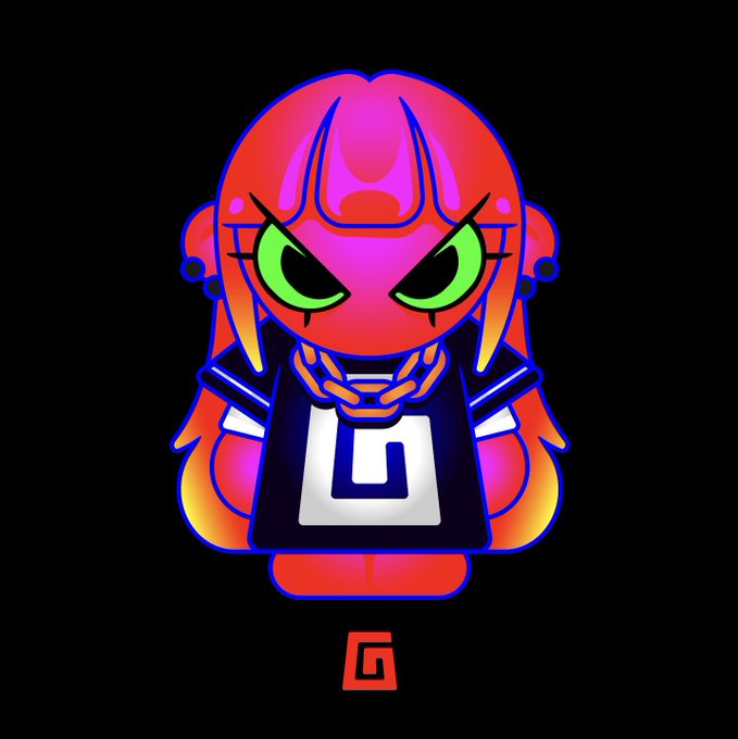 Neon-glow chibi character with bright pink/red skin, green eyes, and a black outfit featuring a white geometric symbol on a black background.