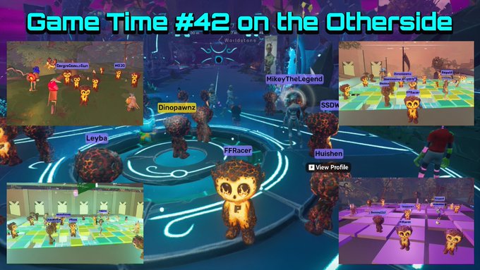 A promotional graphic titled 'Game Time #42 on the Otherside' showing various game scenes with usernames like 'Dinopawnz', 'Leyba', 'PFRacer', 'Huisen', 'MikeyTheLegend', and 'SSDM' labeling characters.