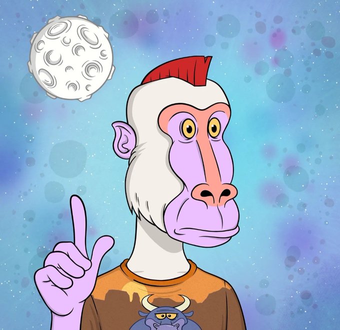 A cartoon illustration of a purple-skinned monkey-like character with a red mohawk pointing upward at a full moon, wearing a t-shirt with a bull design against a starry blue background.