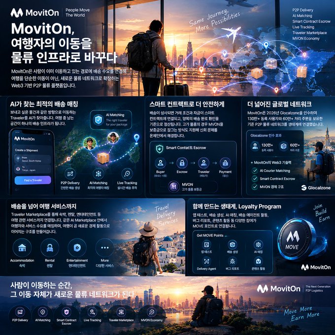 A detailed marketing infographic for 'MovitOn', a Web3-based P2P travel platform built on Glocalzone's network of 1300+ users and 600+ cities, featuring AI Matching, Smart Contract Escrow, and a MOVE loyalty program.