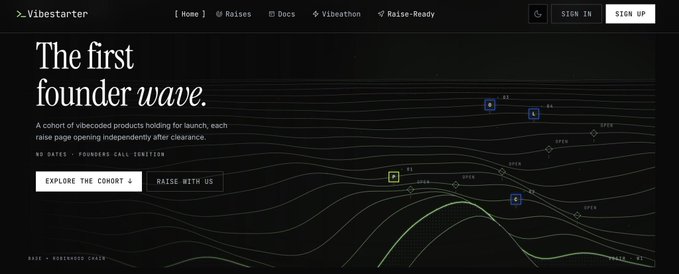 A website screenshot for 'Vibestarter' featuring the headline 'The first founder wave' with a description about vibecoded products, alongside a wave graphic and 'EXPLORE THE COHORT' and 'RAISE WITH US' buttons.