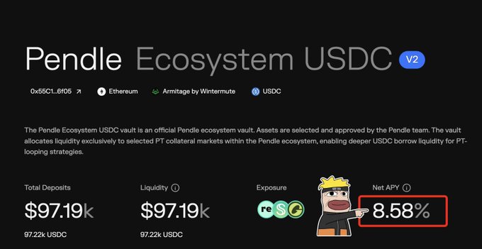 The image displays the "Pendle Ecosystem USDC v2" vault on Morpho with $97.19k total deposits (97.22k USDC) on Ethereum, highlighting an 8.58% Net APY along with exposure to USDS, USDG, and reUSD assets. It visually supports the post's claim of an 8-10% APY USDC vault backed by bluechip stablecoin exposures.