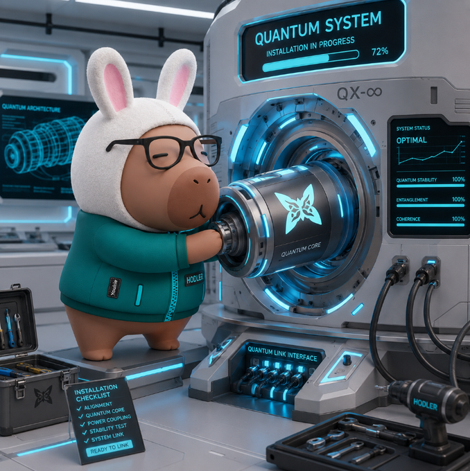 A bespectacled cartoon hippo in a bunny-eared hoodie installs a "QUANTUM CORE" into a futuristic "QUANTUM SYSTEM" machine, with screens showing "INSTALLATION IN PROGRESS 72%," "SYSTEM STATUS OPTIMAL," and an "INSTALLATION CHECKLIST" marked "READY TO LINK." The image visually reinforces the post's message about proactively preparing for quantum computing's cryptographic challenges, mirroring the careful, deliberate installation of post-quantum security infrastructure before threats materialize.