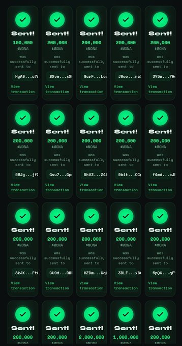 The image shows a grid of 20 transaction confirmation receipts, each displaying "Sent!" with 200,000 MONA tokens (except one for 2,000,000 and one for 1,000,000) successfully sent to various Solana wallet addresses. This serves as visual proof for the pinned post claiming to airdrop 200,000 MONA tokens to the first 1,000 wallets that engage with the promotional tweet.