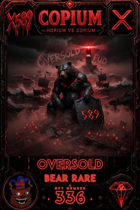 A red-toned NFT digital artwork featuring a muscular black bear holding a shield marked '589', with text reading 'COPIUM', 'HOPiUM VS COPiUM', 'OVERSOLD BEAR RARE', and 'NFT NUMBER 336'.