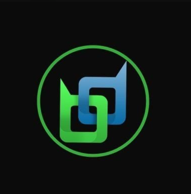 A logo featuring two interlocking geometric shapes in green and blue, encircled by a green ring on a black background.