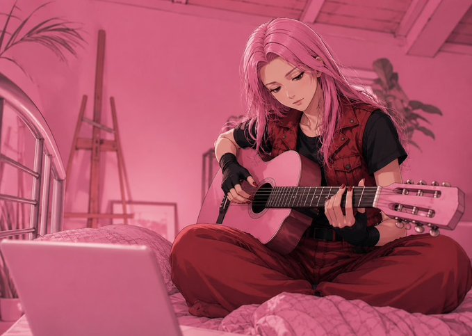 An anime-style illustration shows a pink-haired figure with pointed ears playing an acoustic guitar while sitting on a bed in a room bathed in pink light, facing a laptop.