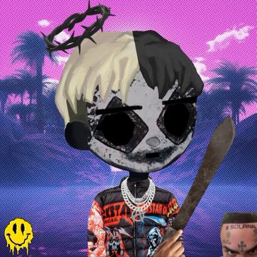 A stylized cartoon character with half-blonde, half-black hair, dark round eyes, a crown of thorns, and a bat, set against a pink retro-sunset background with palm trees.
