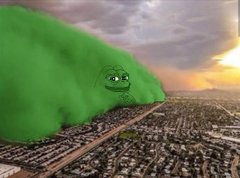 A digital illustration/meme showing a giant green Pepe frog fog cloud rolling over a city skyline at sunset.