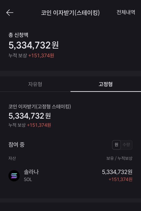 A Korean banking app screen showing a coin investment (코인 이자받기) portfolio with a total market value of 5,334,732 원 and accumulated return of +151,374 원 for SOL (솔라나).