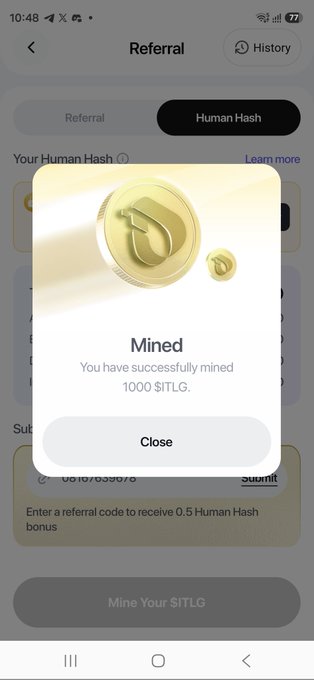 A phone screenshot displays a "Human Hash" mining interface with a gold coin icon and a confirmation pop-up reading "Mined - You have successfully mined 1000 $ITLG," highlighting the cost-free token earning process promoted in the InterLink update.