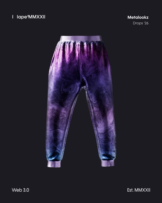 A pair of iridescent purple and teal joggers with a metallic sheen is displayed against a black background, labeled "lape'MMXXII" and "Metalookz Drops '26" with "Web 3.0" and "Est. MMXXII" text. This image relates to the post by showcasing a digital wearable clothing drop, fitting the theme of virtual fashion items in the Web3 space.
