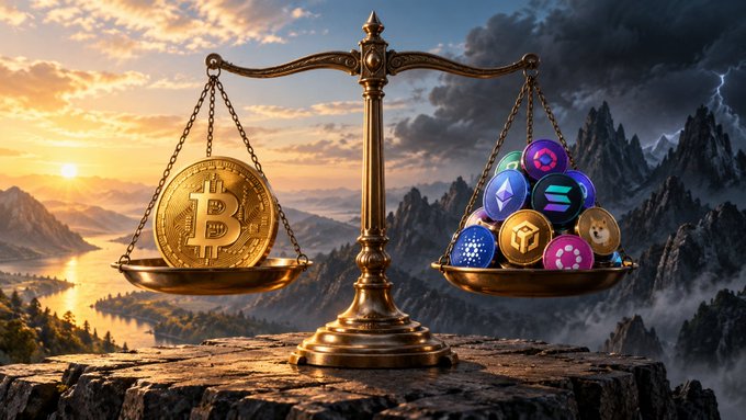 An artistic image of a golden balance scale weighing a single Bitcoin on one side against multiple altcoin tokens on the other, set against a dramatic mountain landscape at sunset.