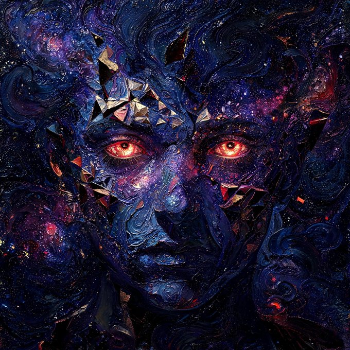 Dark, surreal digital artwork depicting a human face with glowing red eyes, composed of cosmic, swirling dark blue and purple textures studded with geometric crystalline shapes and stars.