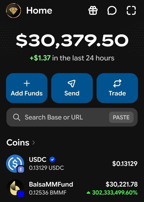 A crypto wallet app showing a home balance of $30,379.50, with holdings in USDC and BalsaMMFund (BMMF) showing a +302,333,499.60% gain.