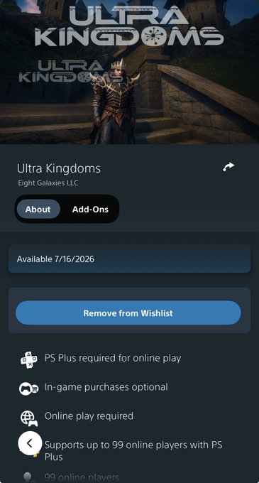 PlayStation Store listing for 'Ultra Kingdoms' by Eight Galaxies LLC, available 7/16/2026, currently on wishlist, requiring PS Plus for online play with support for up to 99 online players.