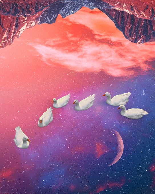 A surreal digital artwork depicting several white swans floating on a colorful pink and purple starry sky, with red rocky cliffs above and a crescent moon below.
