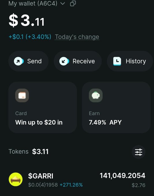 A cryptocurrency wallet screenshot showing a balance of $3.11 (+$0.1, +3.40%), with options to Send, Receive, and view History, plus a token balance of 141,049.2054 $GARRI ($2.76, +271.26%).