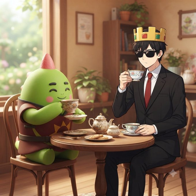 An anime-style illustration of a green goblin-like creature having tea with a man in a suit, crown, and sunglasses.