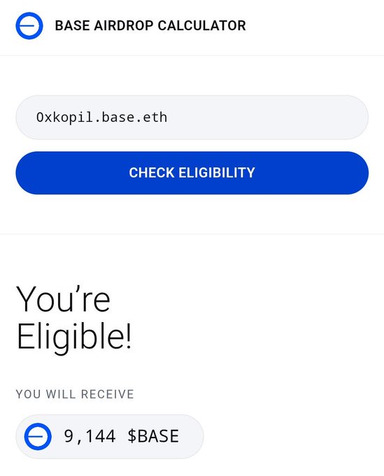 The image shows an app called "base airdrop calculator" that allows users to calculate the amount of money they will receive from an airdrop. The app displays the necessary information, including the base airdrop URL (http://baseairdropcalculator.vercel.app), the ether address (https://baseairdropcalculator.vercel.app), and the required fields for entering the details of the airdrop.