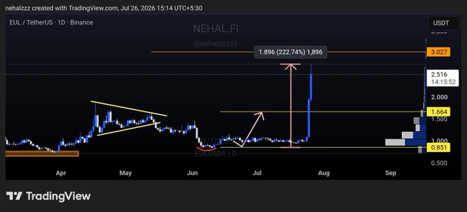 A TradingView chart of EUL/TetherUS (EUL) on Binance shows a massive 222.74% surge from ~$0.85 to $2.516, with an annotated target of $3.027, visually confirming the trader's claim of 222% profits mentioned in the post.