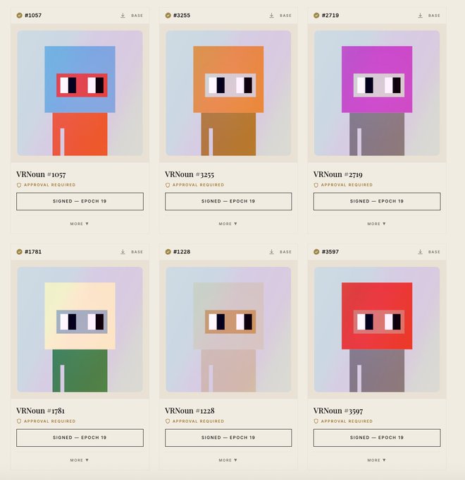 A grid of NFT-style listings displays pixel-art characters labeled “VRNoun,” including “#1057,” “#3255,” “#2719,” “#1781,” “#1228,” and “#3597,” each marked “APPROVAL REQUIRED” and “SIGNED – EPOCH 19.”