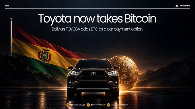 A Crypto.news article headline 'Toyota now takes Bitcoin' about Bolivia's TOYOSA adding BTC as a car payment option, featuring a Toyota SUV with a Bitcoin and Bolivian flag in the background.