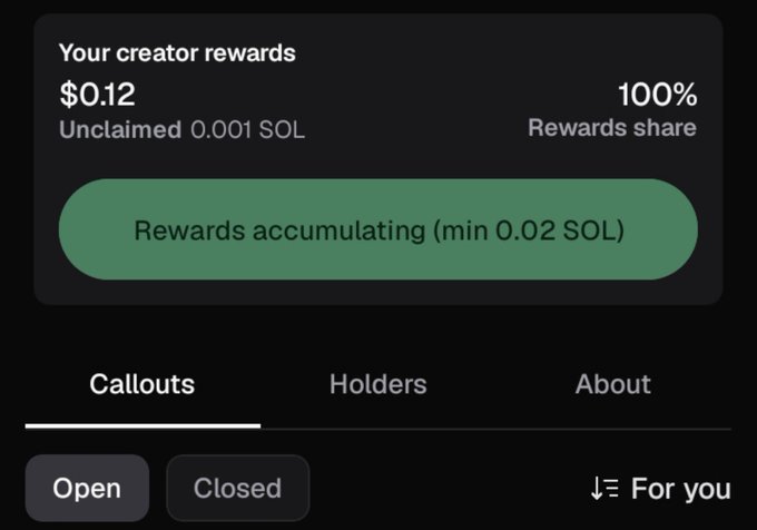 A screenshot shows a "Your creator rewards" dashboard displaying $0.12 unclaimed (0.001 SOL) at 100% rewards share with a green button indicating "Rewards accumulating (min 0.02 SOL)," illustrating the poster's point that PumpFun tokens require sufficient buys to generate meaningful creator fees, as their SOL Sheep launch only earned a fraction of the minimum payout threshold.