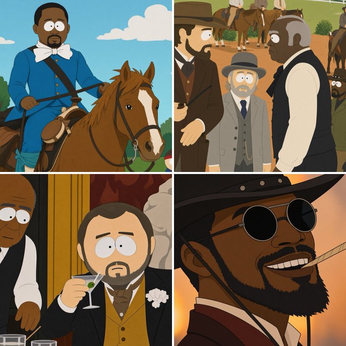 This image is a four-panel collage in the South Park animation style depicting historical figures, including a Black man in 19th-century military attire on horseback, Civil War-era gentlemen, a Victorian-era bearded man drinking a martini, and a cool cowboy wearing sunglasses and smoking. The post from x.com/joeydoge42069 appears to be a humorous or meme-style share that reimagines these serious historical figures using the simplistic, comedic South Park art style.