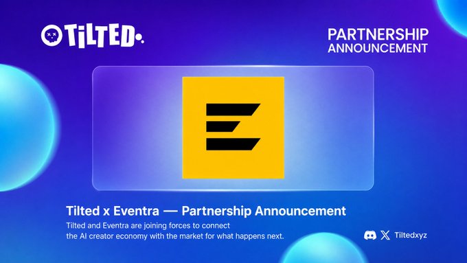 A partnership announcement graphic titled 'Tilted x Eventra — Partnership Announcement' featuring a yellow logo on a purple gradient background.